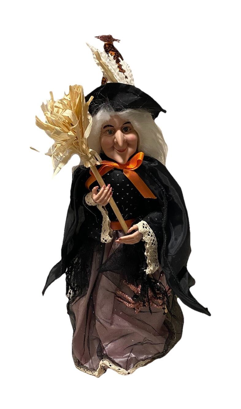 Halloween Witch wBroom & Glitter Spiders Tree Topper Home Decor Shelf Sitter